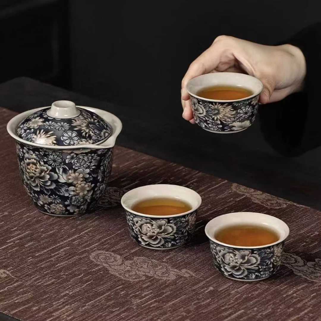 Y4427-掐丝牡丹陶瓷旅行茶具一壶三杯户外车载露营适用