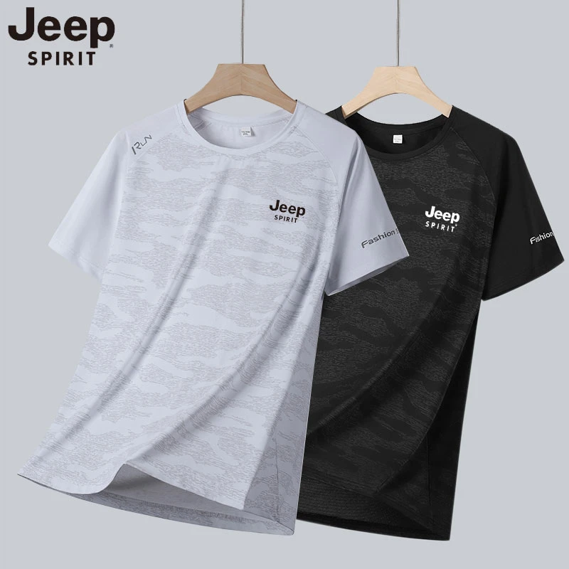 JEEP SPIRIT男士冰丝速干短袖夏季圆领高弹透气半袖休闲薄款体恤