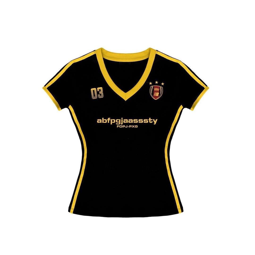 复古穿搭辣妹V领撞色印花短袖t恤女夏季春游运动修身显瘦性感上衣