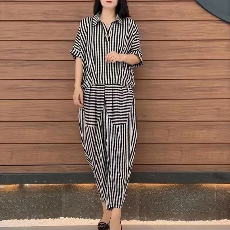 韩版条纹显瘦时尚套装减龄妈妈装休闲宽松蝙蝠衫上衣九分裤两件套