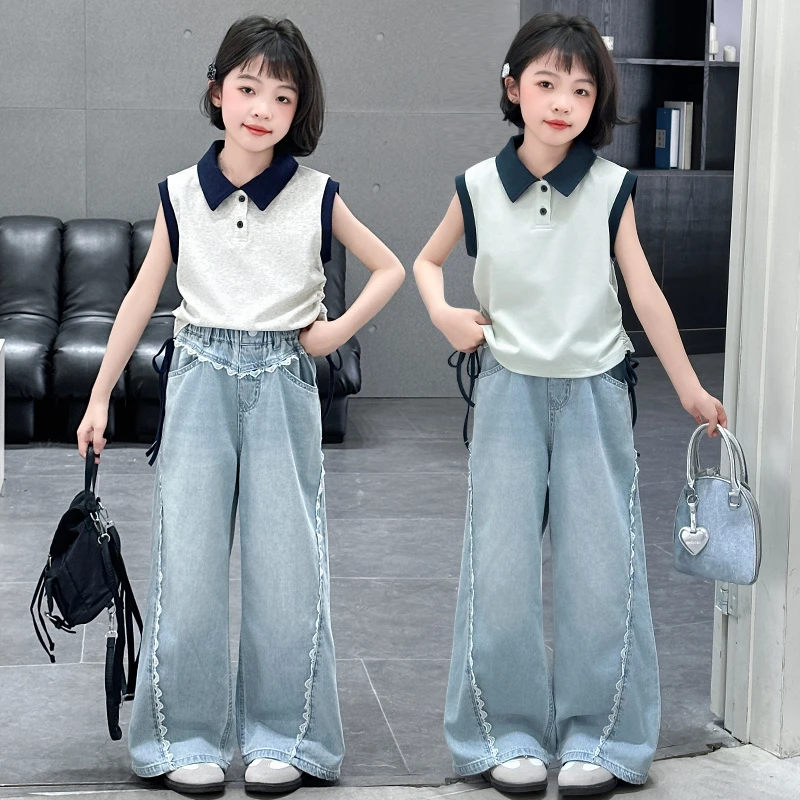 女童夏装套装薄款儿童中大童薄款网红洋气花边阔腿裤牛仔裤两件套