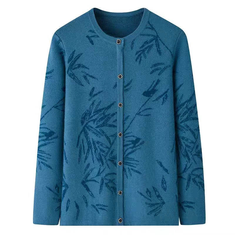 中老年羊毛衫圆领刺绣竹叶加厚妈妈装开衫