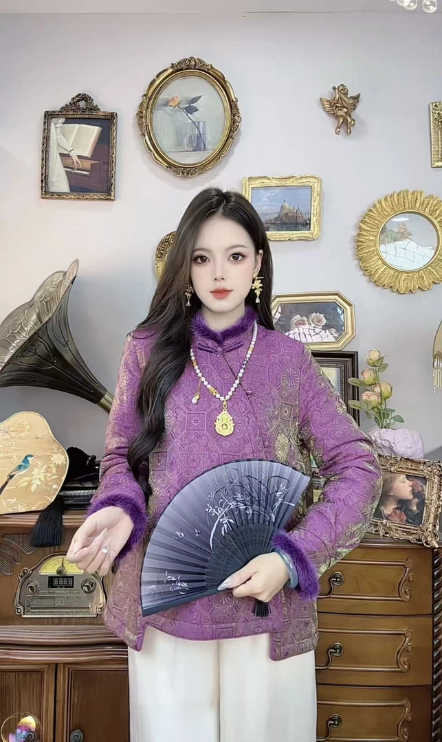 【802】秋冬新中式国风立领斜襟盘扣拼接毛边外套显瘦气质百搭上衣