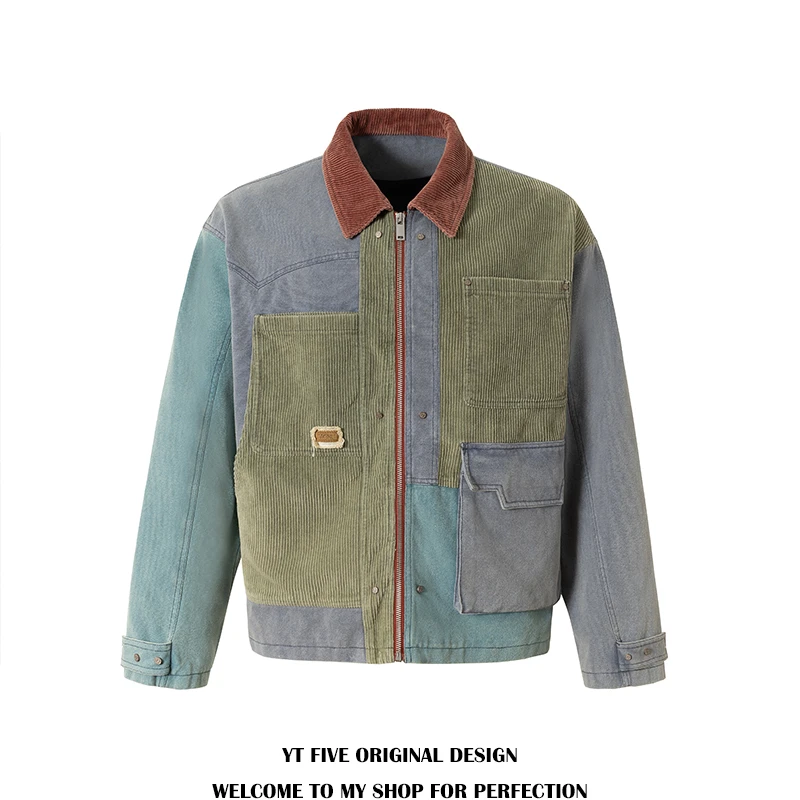 YTFIVE国潮牌美式复古拼接灯芯绒多口袋拼接撞色夹克男女工装外套