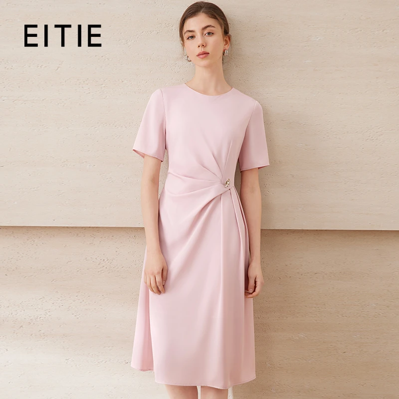 EITIE爱特爱圆领不对称压褶收腰A字显瘦连衣裙2025夏季新B2507678