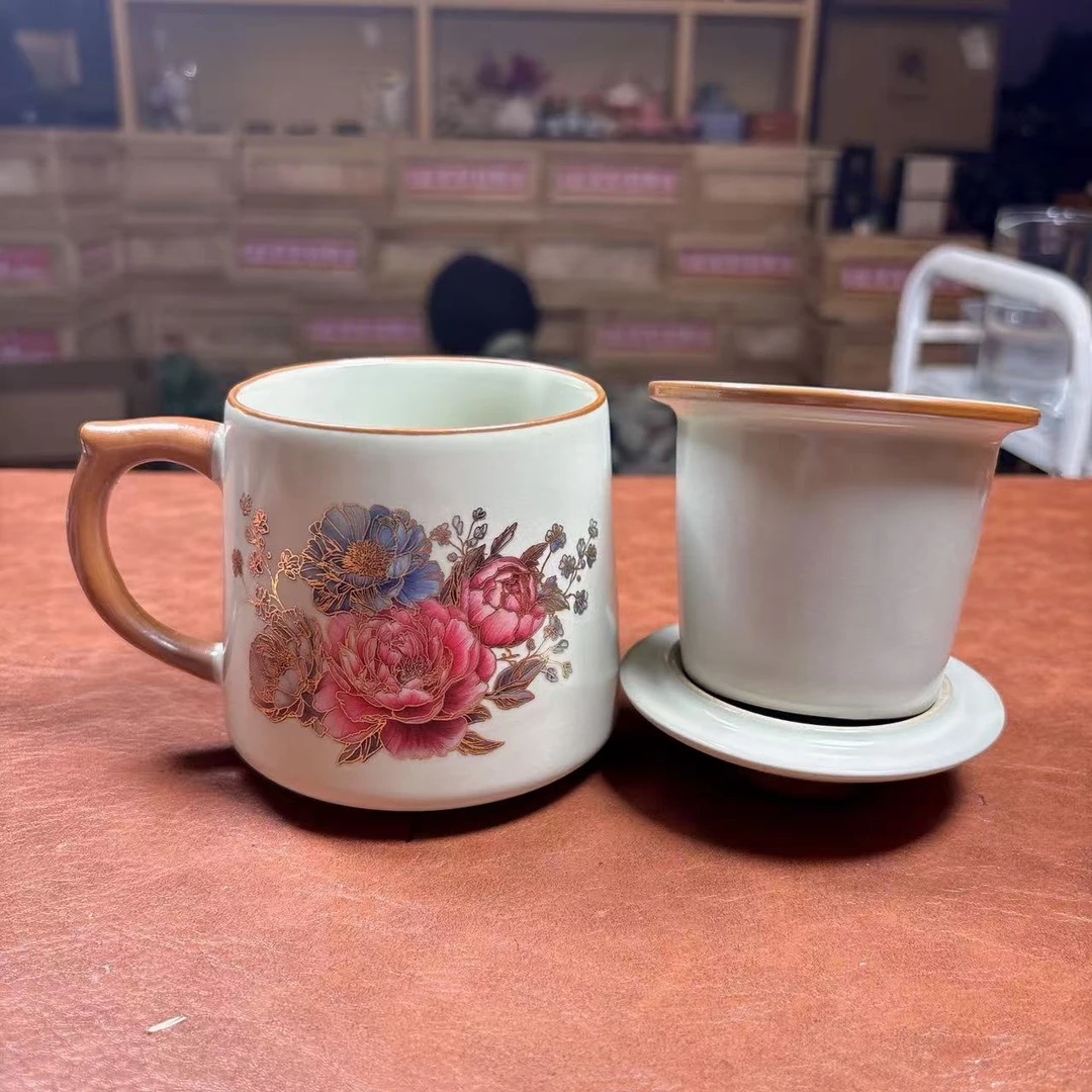 掐比金牡丹黄汝窑红绣球花图案办公杯茶水分离陶瓷杯1700大容量