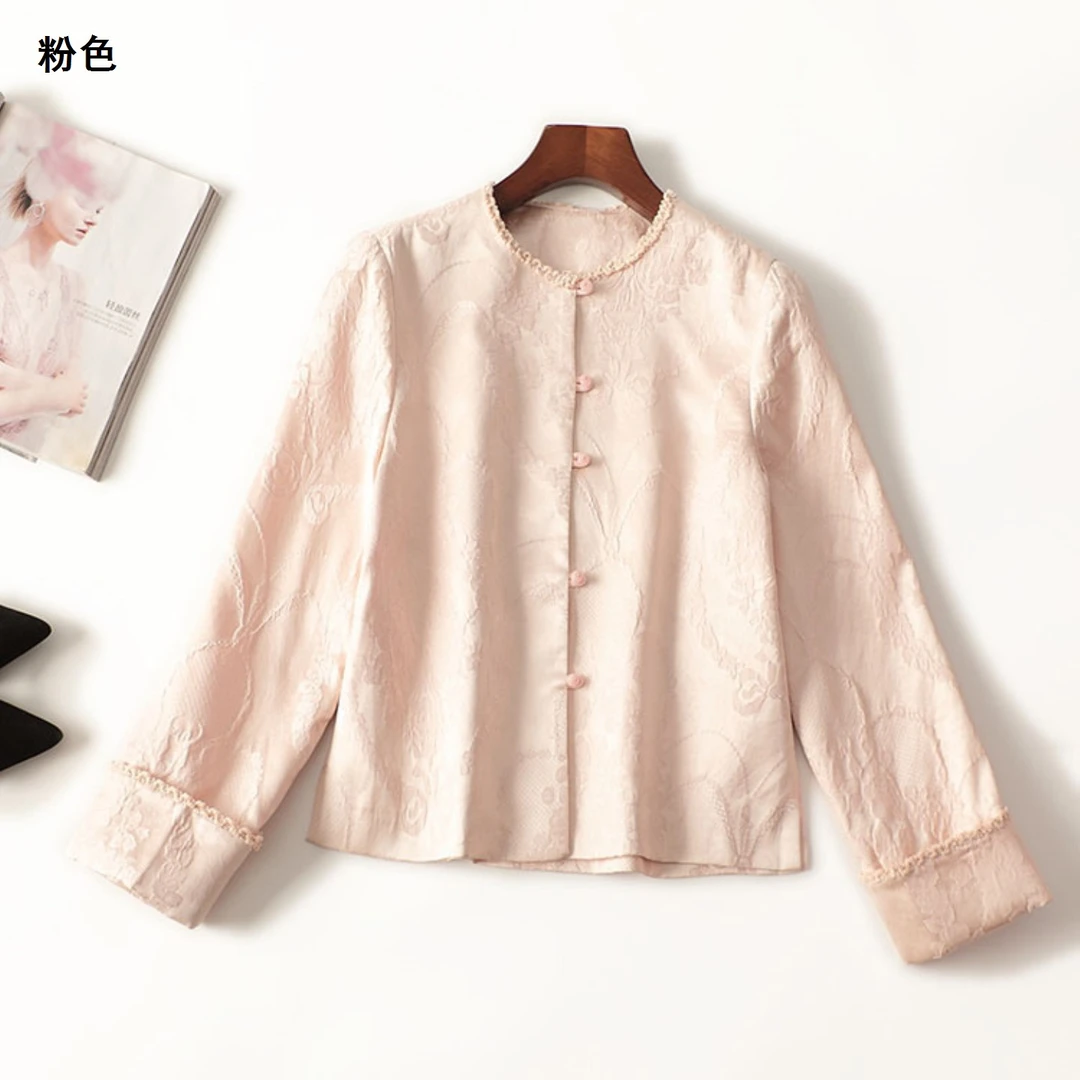 245657秋中长款长袖休闲圆领外套上衣百搭薄款粉色中式提花中国风