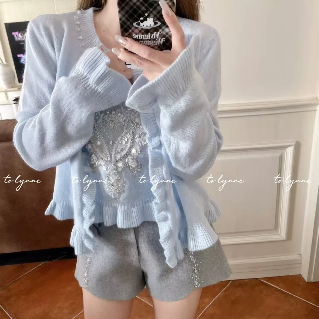 冰晶蓝法式重工钉珠吊带温柔木耳边开衫纯欲风秋季浪漫两件套毛衣