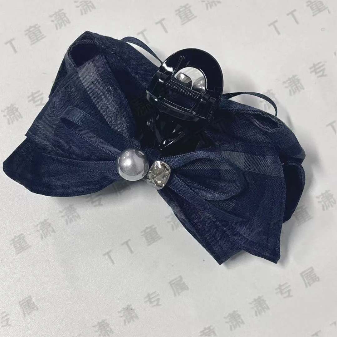 (抓夹30号）格纹牛仔蓝蝴蝶结抓夹发夹