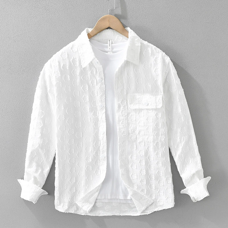 7530新款韩版文艺长袖衬衫时尚提花工艺休闲宽松上衣男装一件代发