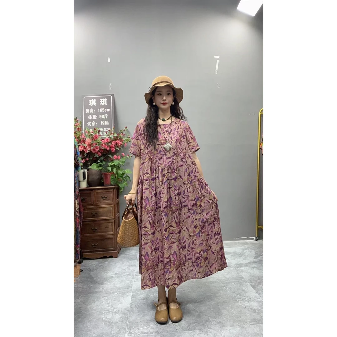 5237夏季新款显瘦气质时尚女百搭休闲文艺复古印花洋气宽松连衣裙