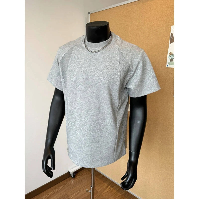 斌子同款空气棉正肩短袖男款夏季美式休闲复古小领口螺纹拼接T恤