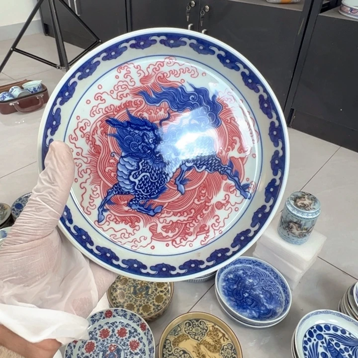 瓷片白青花釉里红麒麟踏浪大壶承全品