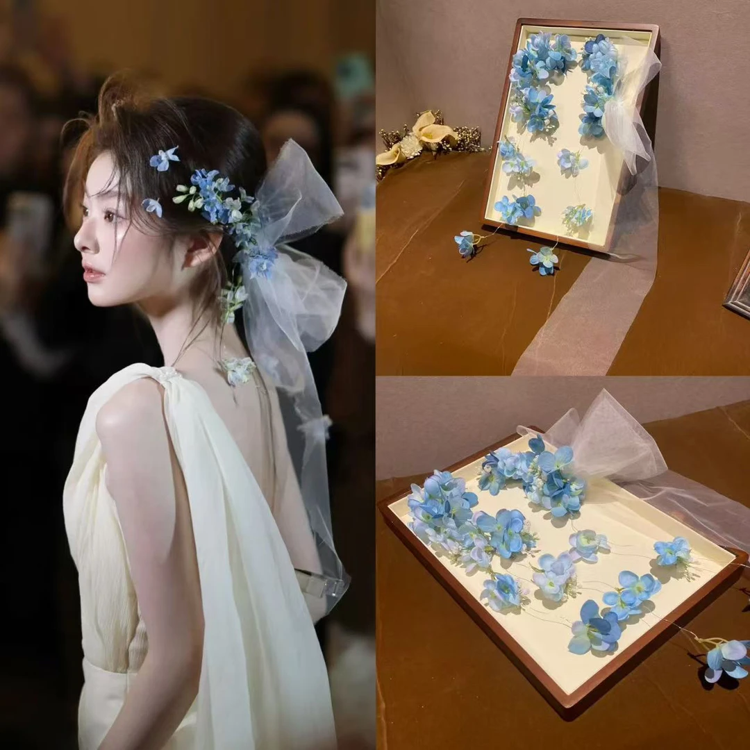 新品蓝色花朵头饰森系花环带纱气质新娘晨袍仿真花造型旅拍发饰品