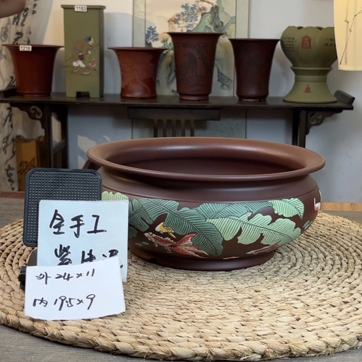 花盆紫砂 全手工紫朱泥彩绘金玉满堂