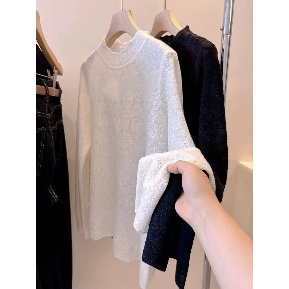 QIANRH-1451半高领蕾丝提花设计感羊毛针织打底衫