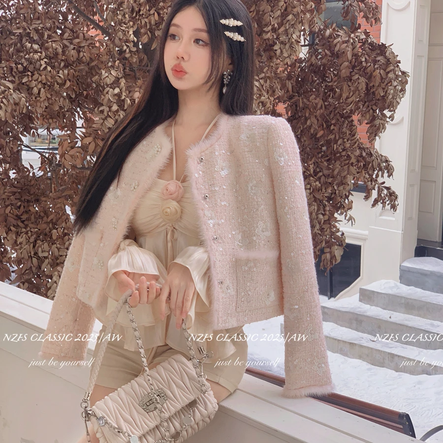 千金风重工亮片水貂毛羽绒小香风保暖羽绒服外套