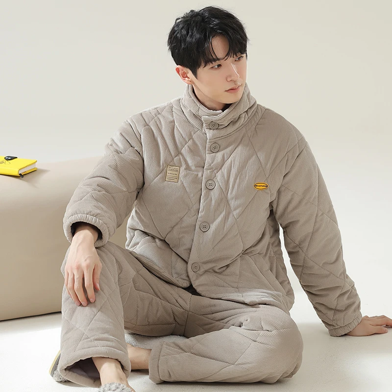 浪莎睡衣男士冬天三层夹棉加厚超厚棉袄加绒珊瑚绒简约家居服套装