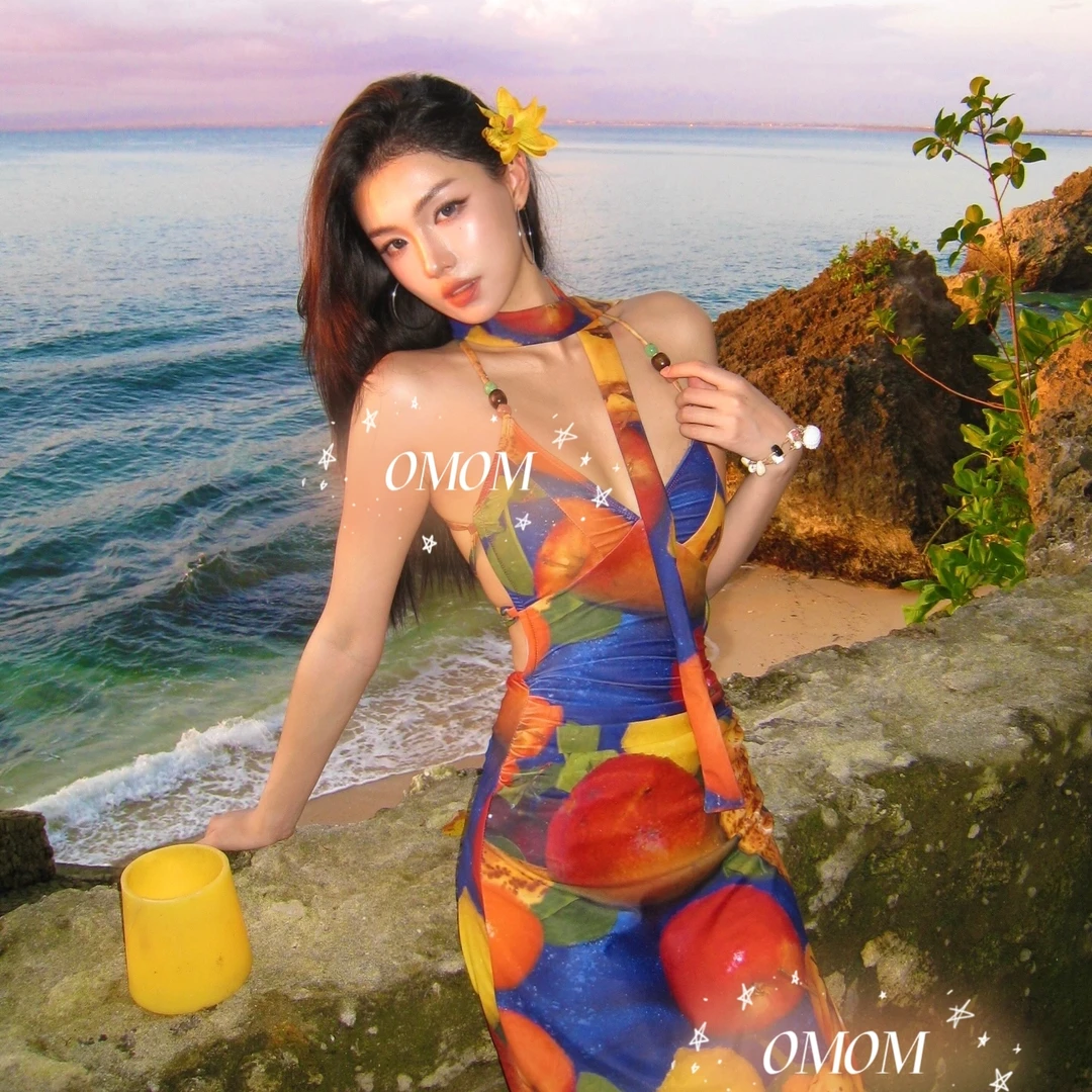 热带风情纯欲绑带漏背连衣裙水果印花辣妹装海边沙滩度假长裙5038