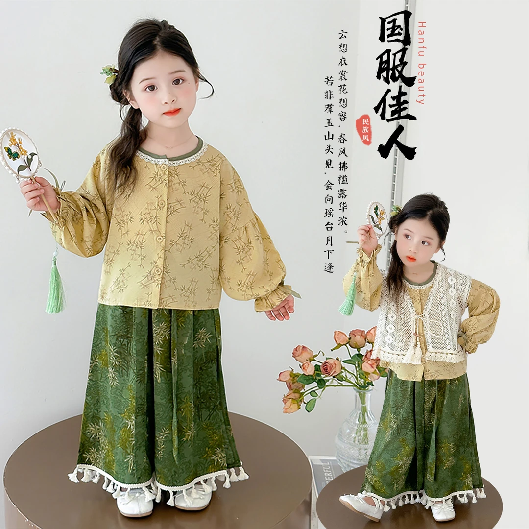 90-180女童碎花春秋中国风套装2025新款民族风上衣提花金竹三件套
