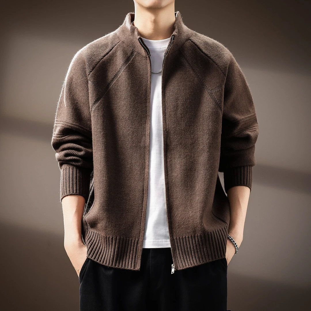 高端930g重磅开衫毛衣男士外套秋冬宽松慵懒风美式休闲拉链针织衫