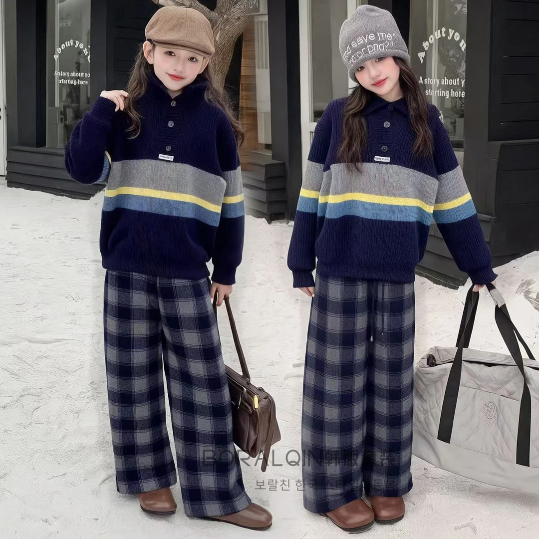 女童韩版毛衣加绒格子裤套装2025冬季新款韩版休闲时尚潮流上衣