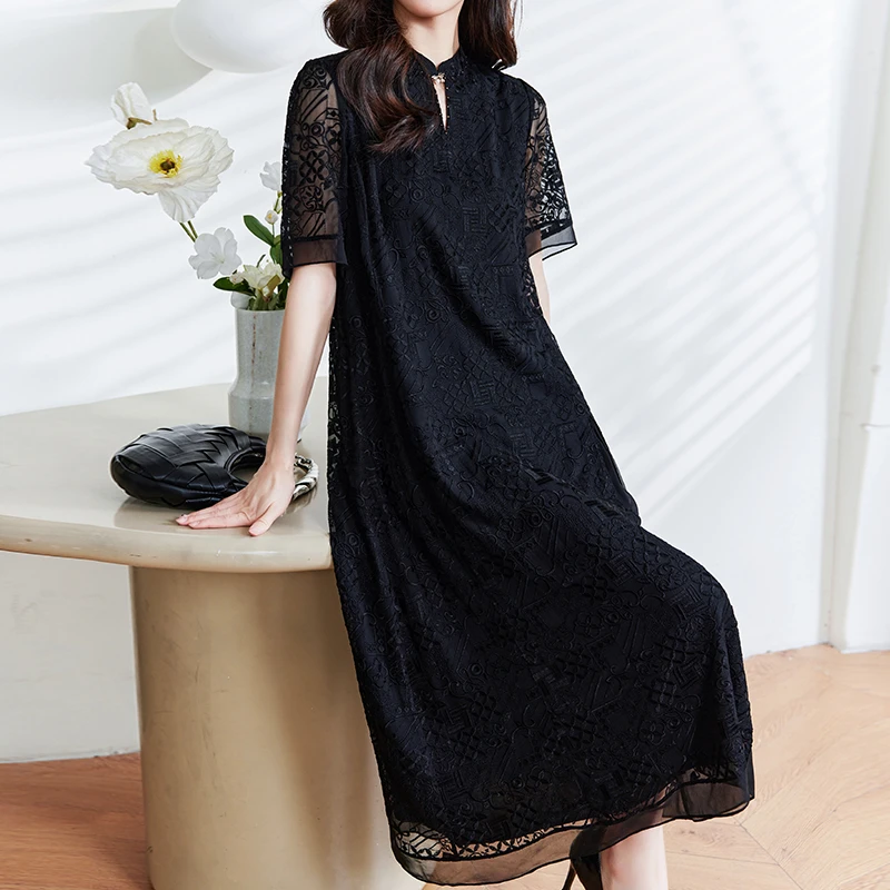 【黎黎粉专属】E5267气质简约桑蚕丝连衣裙2025新款大牌刺绣真丝裙