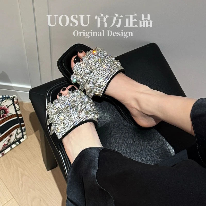 UOSU正品厚底水钻凉拖鞋外穿方头法式气质露趾休闲坡跟一字拖鞋女