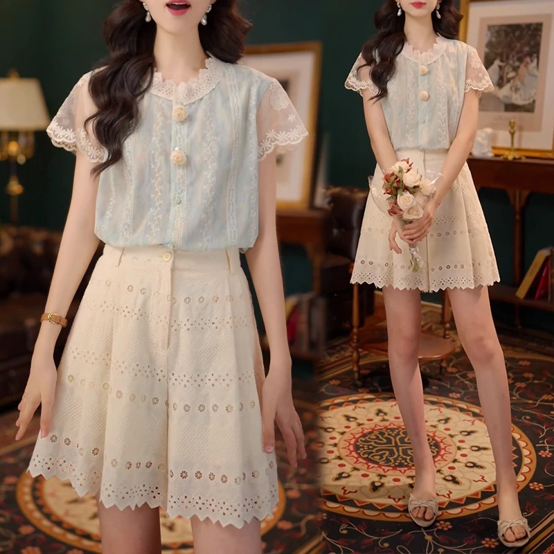 夏日一整套穿搭女2025年夏季新款圆领蕾丝拼接短袖纯色裙裤两件套