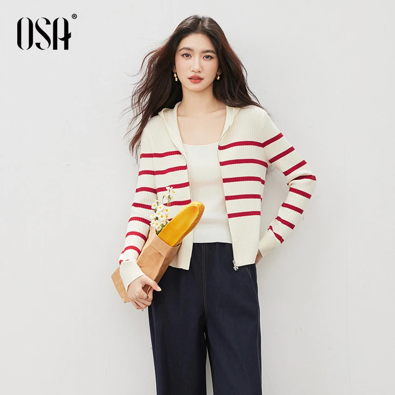 OSA/欧莎 复古条纹撞色连帽拉链针织开衫女毛衣外套S125C16044