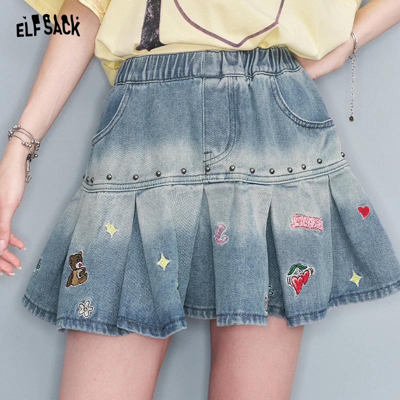 【达人专属】妖精的口袋妖精的口袋趣味绣花铆钉牛仔半裙2025夏休