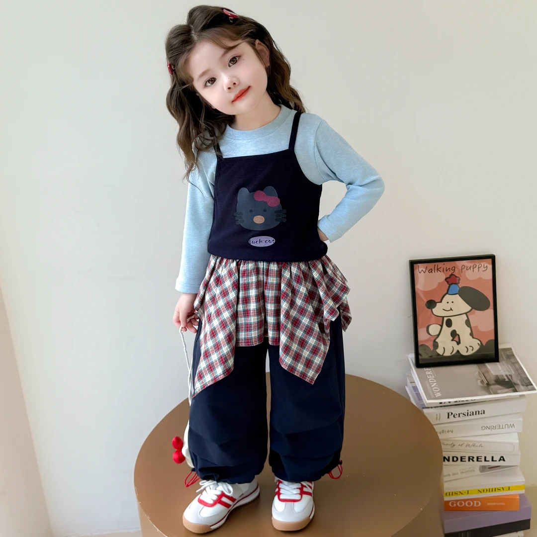 2025秋季新款女童吊带打底衫休闲工装两件套儿童韩系洋气宝宝套装