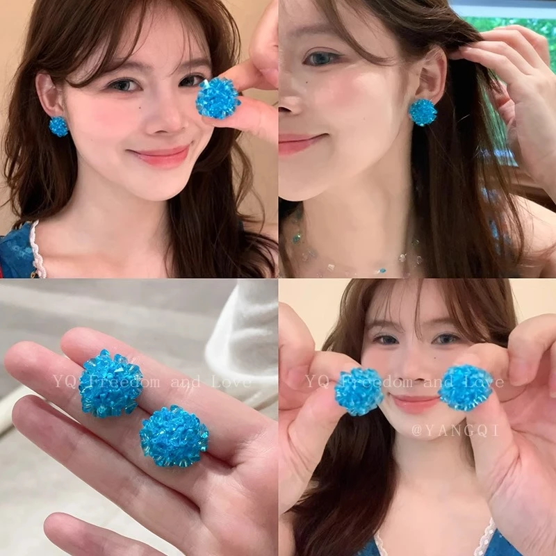 合金耳饰 清凉感蓝色串珠耳钉女气质小众耳环艺术生耳钉度假耳饰