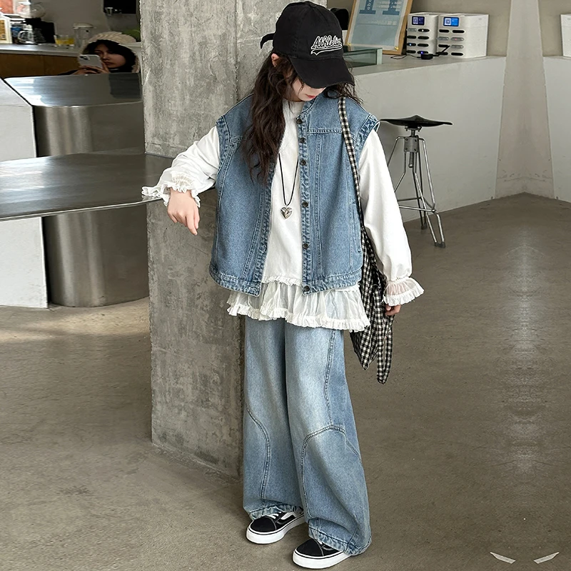 2025秋季新款女童中大童洋气时尚打底衫牛仔三件套女大童休闲套装