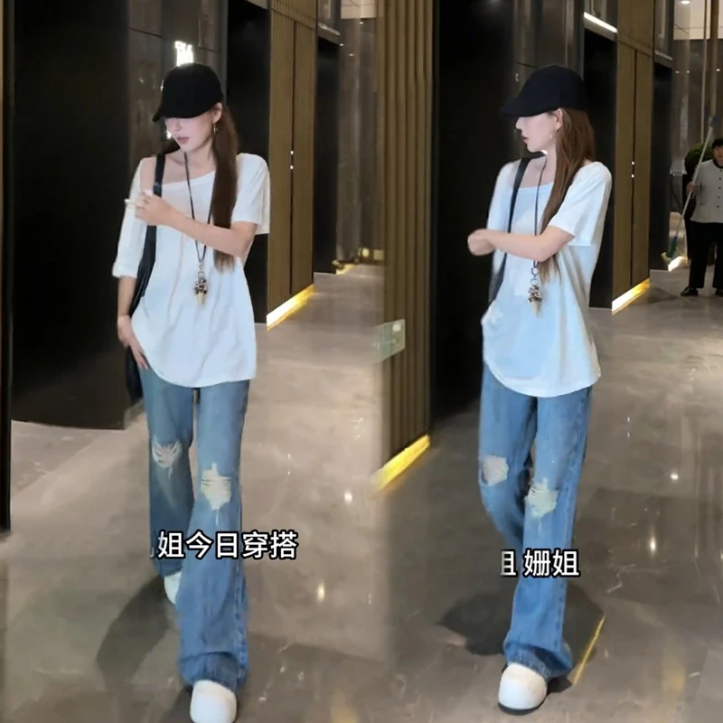 白色基础款百搭斜肩短袖T恤显高搭微喇破洞牛仔裤休闲裤子套装女