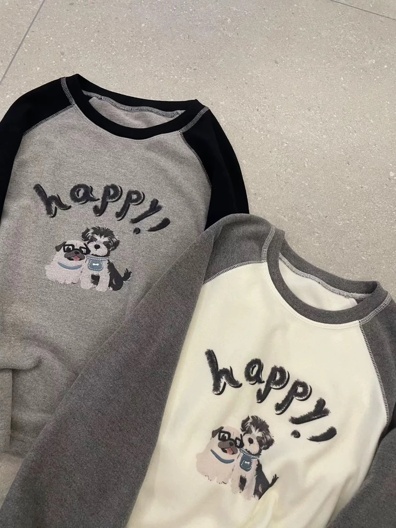 【字母狗狗】慕斯绒厚款！插肩明线圆领慵懒印花打底衫女冬季新款