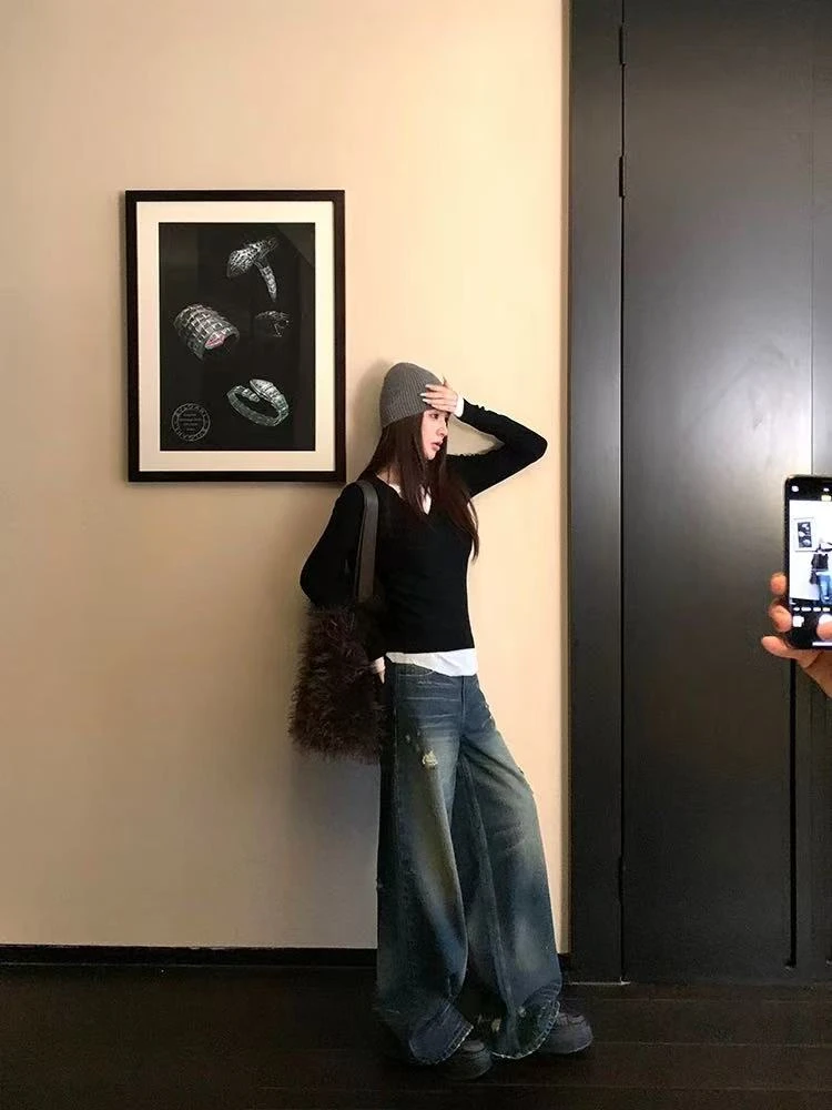 D3-4蓝色“做破”牛仔裤（7032）