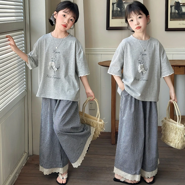 女童时髦夏季儿童蕾丝短袖女孩格子裤套装2025新款中大童5-15岁潮