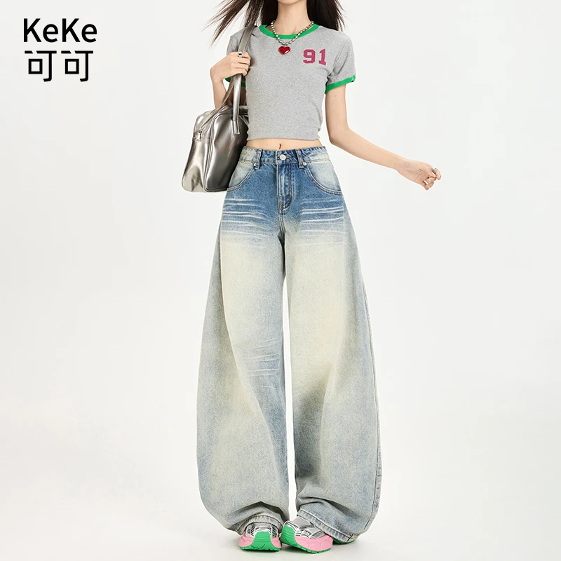 美式复古做旧浅色压皱猫须水洗磨白牛仔裤女弯刀阔型宽松阔腿裤