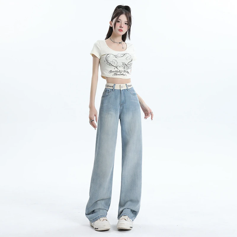 不贴腿宽松夏季莱赛尔薄款浅蓝牛仔裤女高腰阔腿长裤子