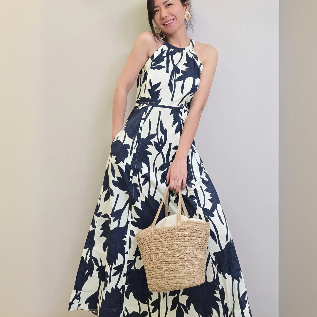 法式复古裙子雨林植物印花无袖连衣裙撞色显瘦气质长裙吊带裙挂脖