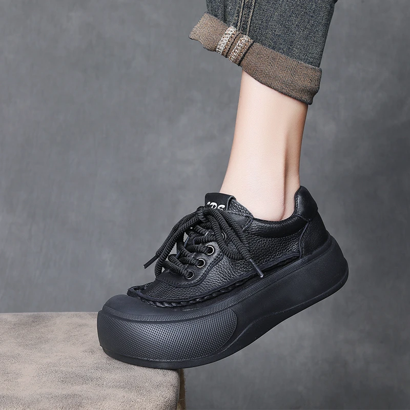 头层牛皮厚底松糕鞋女增高2025新款秋季潮流百搭休闲单鞋真皮大头