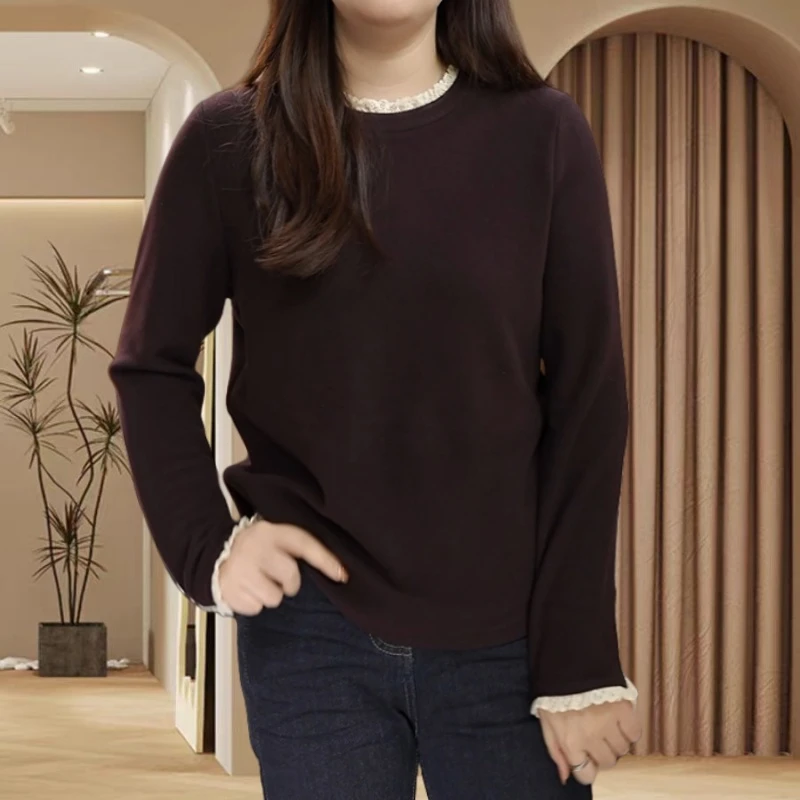 秋冬季新款保暖双面德绒长袖T恤女圆领拼接蕾丝花边打底衫内搭T恤