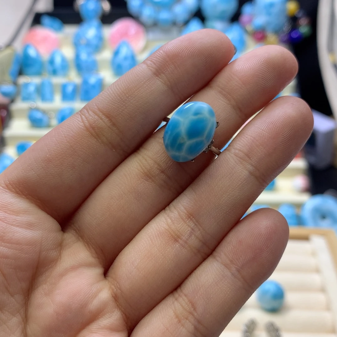 针钠钙石（海纹石）银S925镶嵌戒指艳蓝微瑕放漏