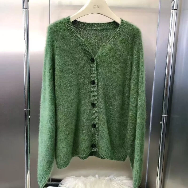 【羊绒拉绒】复古小皮草花纱色系剪刀领针织开衫b432