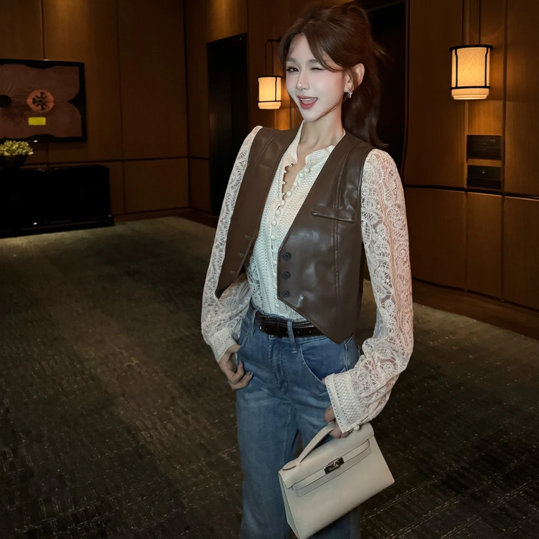 【波嬉舞曲】复古叠穿时尚新款PU皮马甲外套