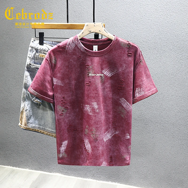 法国Cebrodz夏季破洞短袖t恤男士宽松大码高端云染提花体恤上衣