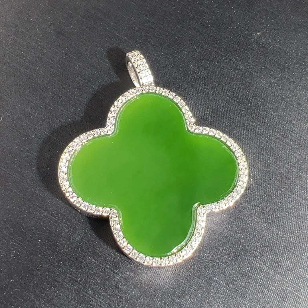 和田玉银S925镶嵌颈饰油绿大款四叶草吊坠