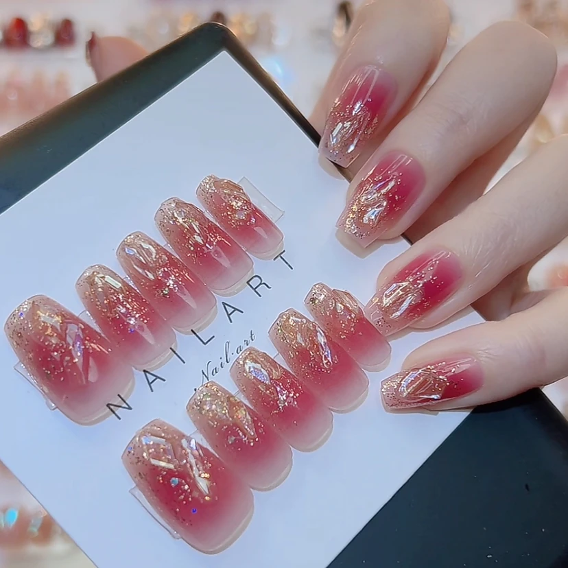 381中长带钻干枯玫瑰24片装腮红晕染穿戴美甲显白成品假指甲贴片