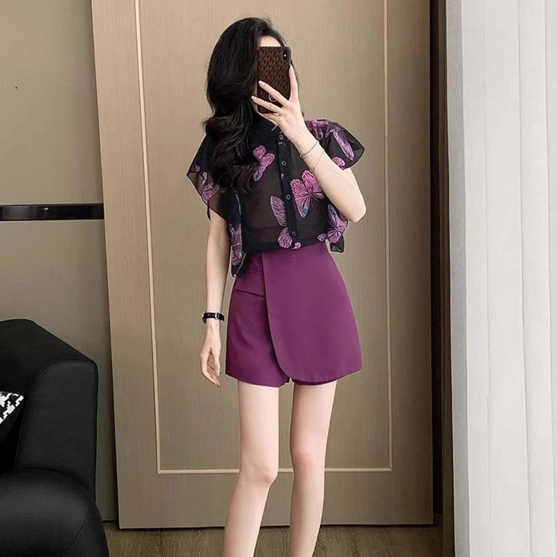 【两件套】超火巨好看的休闲套装裙女夏减龄衬衫短裙裤两件套D2707